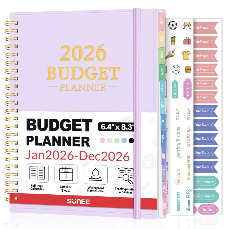 SUNEE 2026 Budget Planner - Monthly Budget Book from JAN 2026 - DEC 2026 with Expense Tracker Notebook, A5 Size (6.4"" x 8.3"") Bill Organizer & Finance Planner Account Book to Manage Your Finances, Purple - Image 1